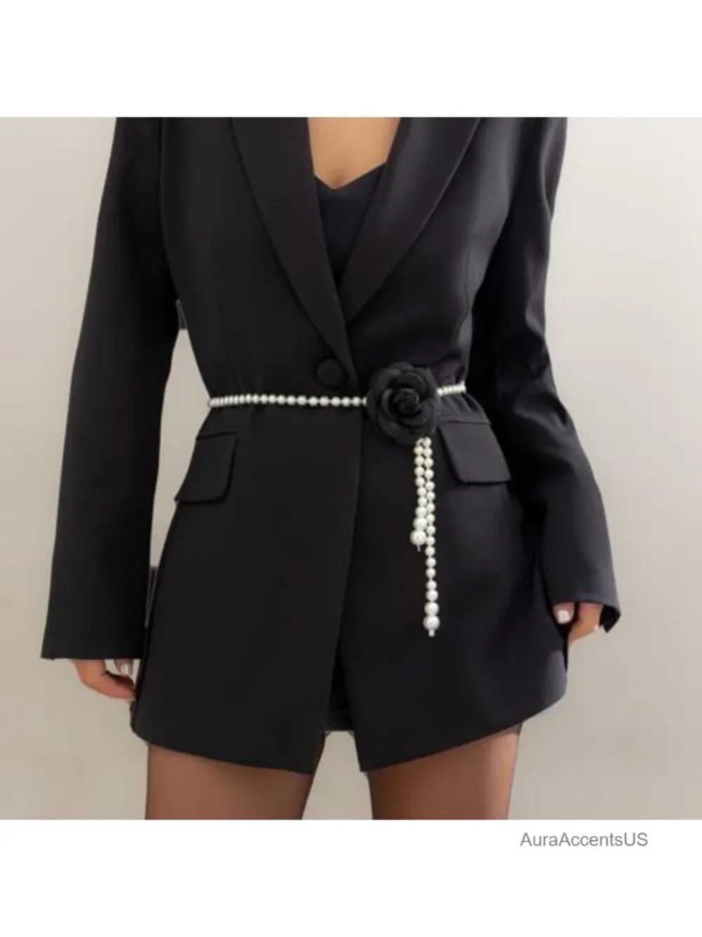 Pearl Chain Belt with Camellia Flower Waist Chain for Dresses